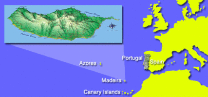 Geographical Location of Madeira Island in relation to Portugal, Azores and Canary Islands and Europe